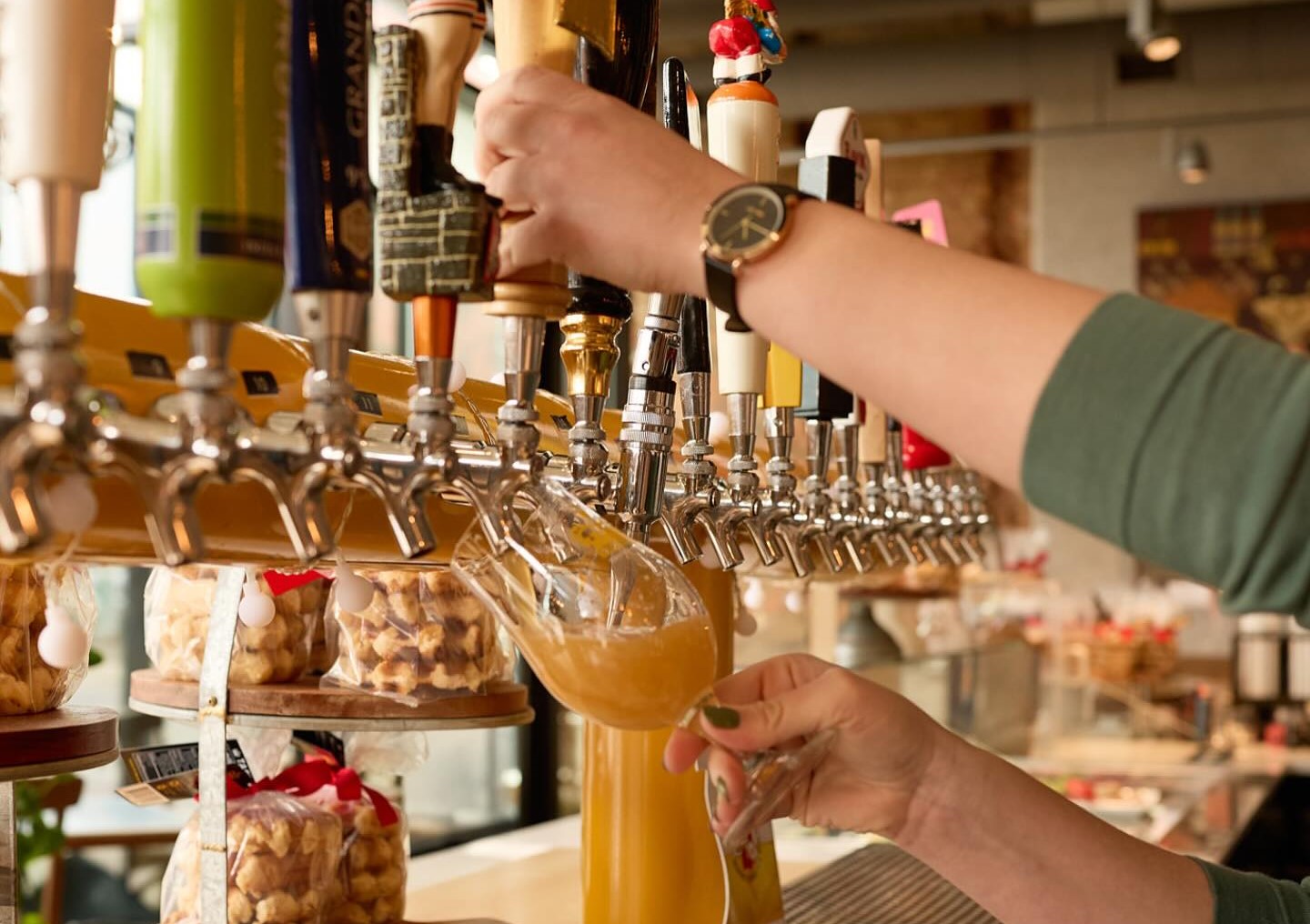 Belgian and local beers on tap at Taste of Belgium in Cincinnati, served alongside signature brunch and dinner plates.