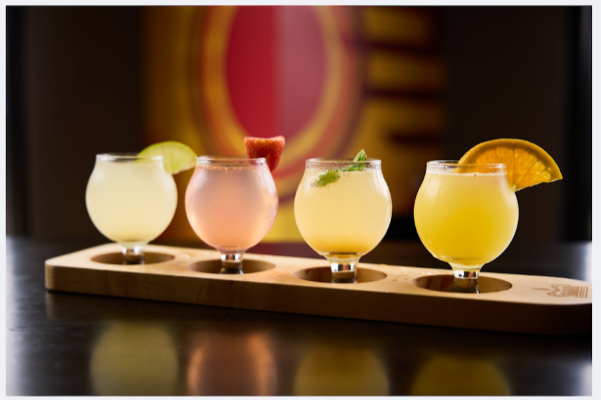 A flight of four colorful cocktails with fresh fruit garnishes served on a wooden tray.